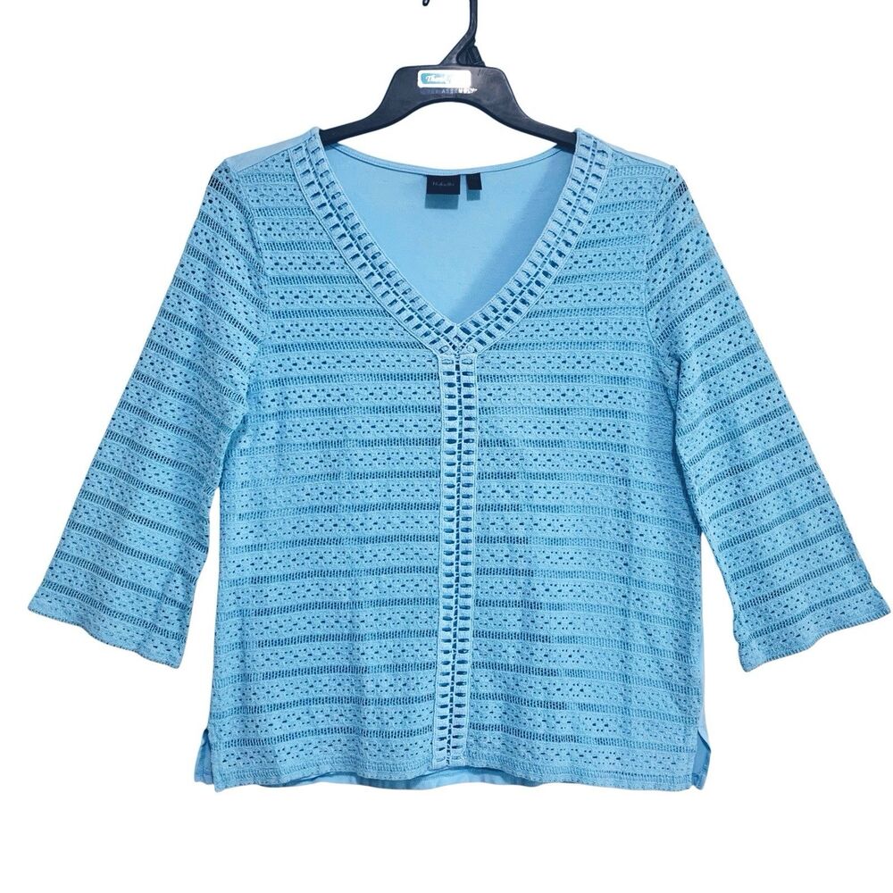 Rafaella Top Womens Size XL Blue 3/4 Sleeve V-Neck Lace Knit Tee Lined Shirt